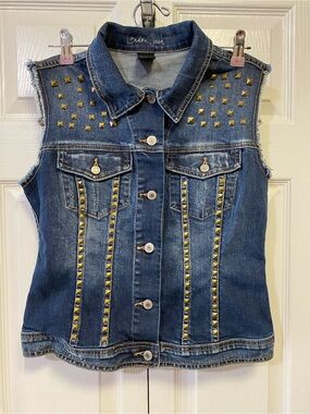 London Jean Studded Denim Vest with Gold Pyramid Studs
